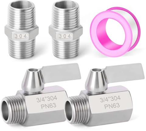 ERGAOBOY 2 Stück 3/4 Innengewinde x 3/4 BSP Außengewinde 304 Edelstahl Kugelhahn mit Edelstahlgriff, 2 Stück 3/4 SUS 304 männliche Sechskant Nippel Verbinder
