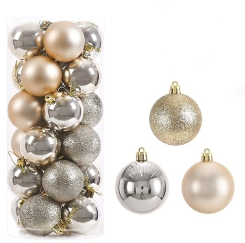 24 Stück Weihnachtskugeln, Kunststoff Weihnachtsdeko Weihnachtsbaum Deko & Christbaumschmuck, Weihnachtsschmuck Baumkugel Ornamente Ø 6 cm (Champagnerfarbe)