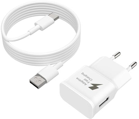 Caricabatterie rapido USB per Samsung Galaxy S9 S8 S10 S10+ S20 S20 FE A04S A14 A13 A12 A22 A23 A33 A34 A51 A52 A53 A54 A05S, Caricabatterie rapido di ricambio originale + cavo tipo C da 2 m (Bianco)