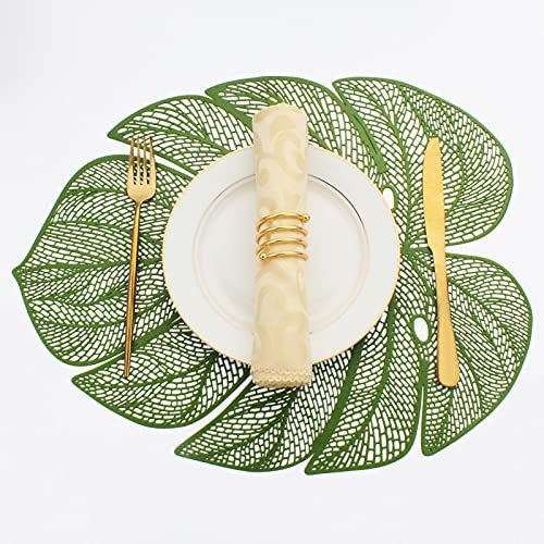 Evevda Green Leaf Shaped Vinyl Placemats for Dinner Table - Set of 4 Plastic Place Mats, Wipeable 6Pcs Table Mats for Wedding Anniversary Decoration