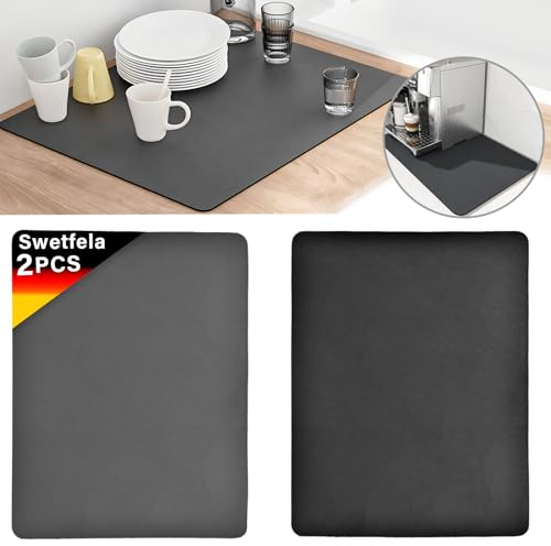 Swetfela 2 Pièces Tapis Egouttoir Vaisselle,40 X 30 cm Tapis Absorbant Vaisselle,AntidéRapant et à SéChage Rapide,Tapis Vaisselle pour Machine à Café,Cuisine,éVier,Gris Foncé+Noir Graphite