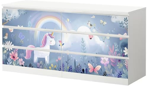 Sunnywall® Möbelfolie passend für IKEA Malm Kommode Schrankfolie Aufkleber mit Einhorn im Zauberwald Motiv | blasenfrei verkleben | Kinderzimmer 6er 160 cm