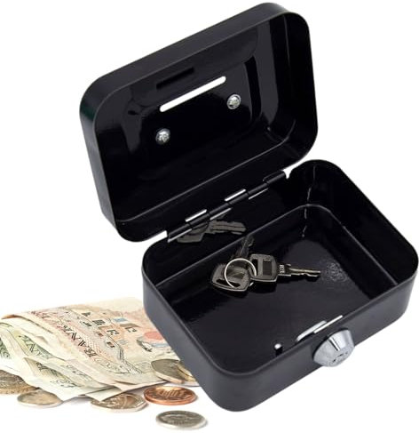 Lockable Metal Cash Box - Small Safe Tin With 2 Keys - Black