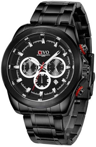 CIVO Herrenuhr Chronograph Analog-Quarz Schwarz: Wasserdicht Groß Ziffernblatt Sport Outdoor - Edelstahl Militär Datum Armbanduhr Männer