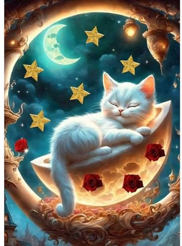 QENSPE 5D Diamond Painting Kit für Erwachsene, Katze Diamant Kunst Set Komplett, DIY Diamant Malerei Fantasie Set Anfänger Kristall Stickerei Set, Heim Wand Dekor Geschenk, 30x40 cm