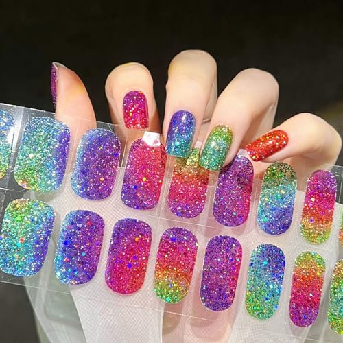 Gel Nail Wraps 20 Stickers Glitter Full-Cured Gel Nail Stickers Soft Self Upgrade Gel Nail Strips Lasting for 15 Days - Adhesive Gel Nail Stickers Nail Art No Need UV/LED Lamp (23-Colorful)