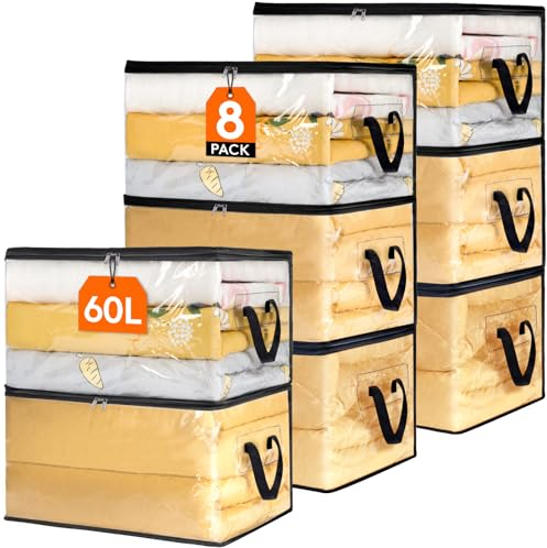 Lifewit 8er Pack Transparente Plastik Aufbewahrungstasche, 60L Kleiderschrank Organizer Aufbewahrungsbox mit Deckel Kleideraufbewahrung Umzugskartons mit Verstärkter Griff für Bettdecken, Kleidung