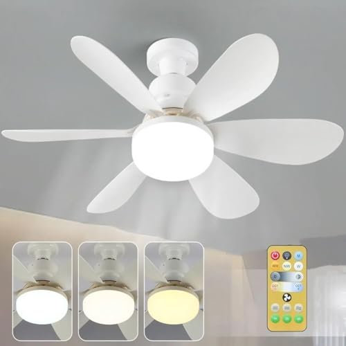 Ventilatore da soffitto da 40 W con attacco E27, ventilatore da soffitto silenzioso da 52 cm con luce e telecomando, ventilatore da soffitto LED tricolore dimmerabile per camera da letto
