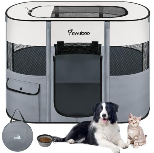 Pawaboo Tragbarer Haustierstall, Faltbarer Hundelaufstall mit Wasserdichtem Oxford, Katzengehege mit Reisetasche Faltbarem Napf, Indoor Outdoor Gebrauch für Welpe Katze Kaninchen, M, Grau