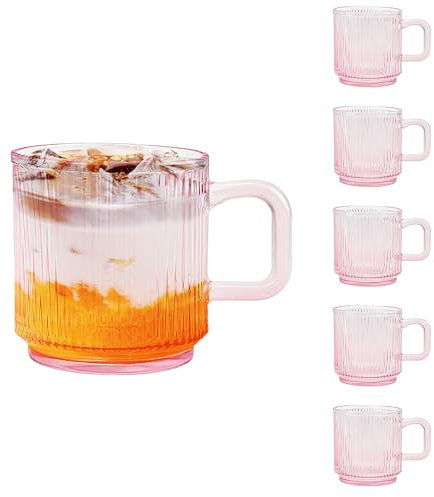 binsakao Glass Coffee Mugs 6 Pack - 340 ml Pink Coffee Cups with Handles - Classic Vertical Stripes Transparent Tea Cup Set for Hot Cold Beverages