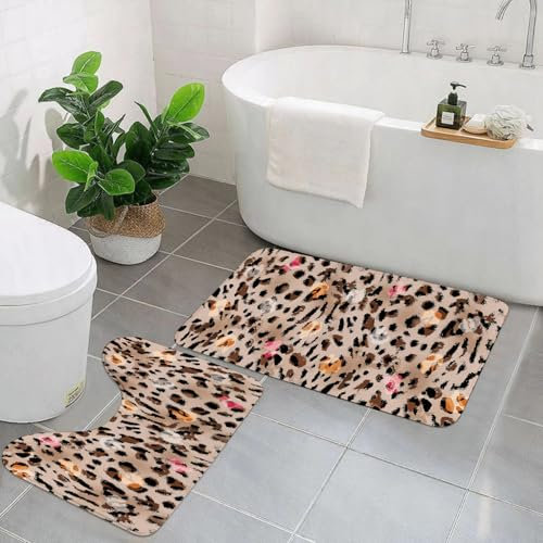EYLOZS Badezimmerteppich Set 2 Teilig Waschbar rutschfeste Badematte Toilettenmatte Weich Saugfähige Badteppiche,buntes Effektspritzer-Leopardenmuster.