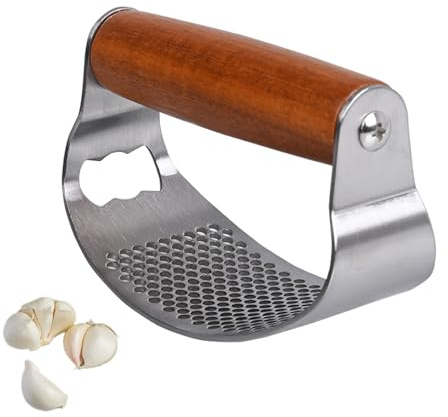 OWLMATE Knoblauchpresse Edelstahl Knoblauchpresse Wippe Mit Holzgriff Knoblauchwippe Innovatives Design Einfache Reinigung für Küchenhilfe