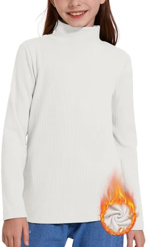 WOWENY Maglietta termica a collo alto, per bambini, in pile, calda, a coste, per l'inverno, 5-14 anni, bianco, 140-146