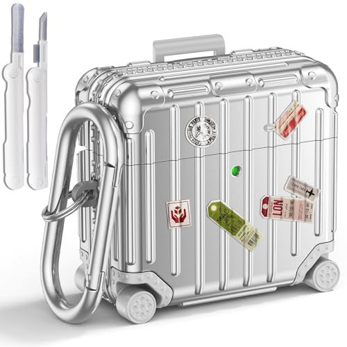 V.R.HOPE Hülle Kompatibel mit AirPods 4 Case Cover, Funny Suitcase Design Schutzhülle für Airpods 4 Generation 2024, Cute Fashion Protective Hard Case mit Cleaner Kit und Karabiner- Silber