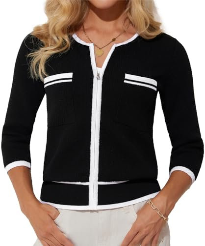 GRACE KARIN Donna Elegante Aperto Davanti Maglieria con Tasca Moda Contrasto Colore Lavoro Ufficio Maglia Shrug Nero M