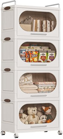 Dripex Storage Box with Lids, 4 Tier Folding Storage box with Doors and Wheels, Stackable Storage Organizers for Home Kitchen and Office