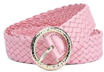 Breyhda Geflochtene, leuchtend bunte Damengürtel, 3 cm breit, runde goldene Schnalle, dekorative Gürtel ohne Löcher für Damen,Rosa,105cm