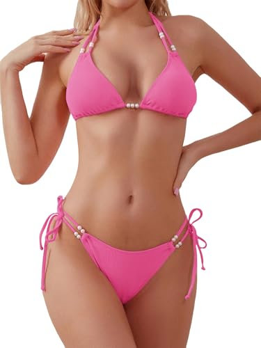 Rayson Donna Costume da Bagno Sexy 2 Pezzi Elegante Tie Triangolo Bikini di Perle Imbottito Colore Puro Spiaggia a Vita Bassa(Rosa,S)