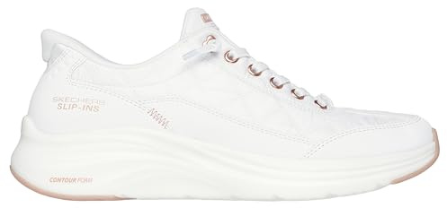 Skechers Women's Contour Foam Golden Hour Sneaker, White Mesh/Duraleather/Leather/Rose Gold Trim, 5 UK