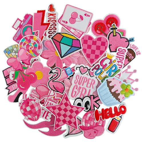 GYGYL 45Pcs Iron on Patches for Girls, Pink Preppy Embroidered Patches for Clothes, Backpack, Jackets, Jeans, Shirt DIY Crafts