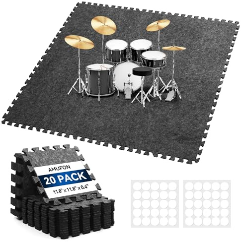 20 Pcs Interlocking Sound Absorbing Floor Mats, 11 x 11 x 0.4 High Density Anti Vibration Noise Reduction Pads, Non-Slip Felt Puzzle Mats for Drum, Piano, Music Studio, Home Gym