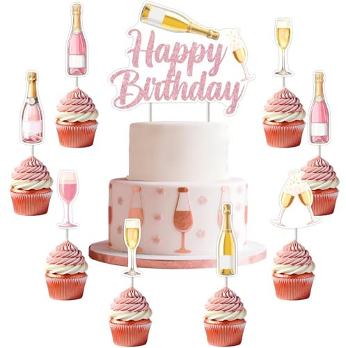 Jollyboom Champagne Birthday Cake Decorations, Rose Gold Champagne Happy Birthday Cake Topper 24pcs Pink Wine Bottle Glasses Cupcake Toppers for Women Girls Wine Themed Party Supplies