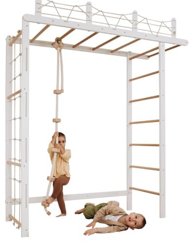 WoodandHearts Schwedische Leiter, Klettergerüst Indoor, Indoor Kletterwand Kinder, Turngeräte in Weiß + natürliche Holzfarbe (Seil mit 5 Kugeln Weiß + Naturholz)