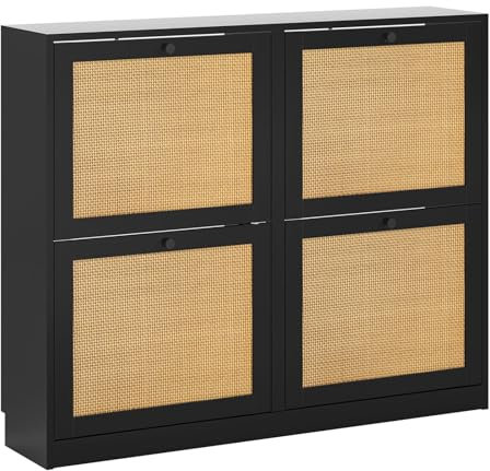Yvsevnr Rattan Schuhschrank mit 4 Klappen, Schuhkipper Schuhkommode mit Einstellbar Ablageflächen Schuhregal Schuhkommode für Flur, Eingang, Diele Schwarz 102 x 23 x 84 cm