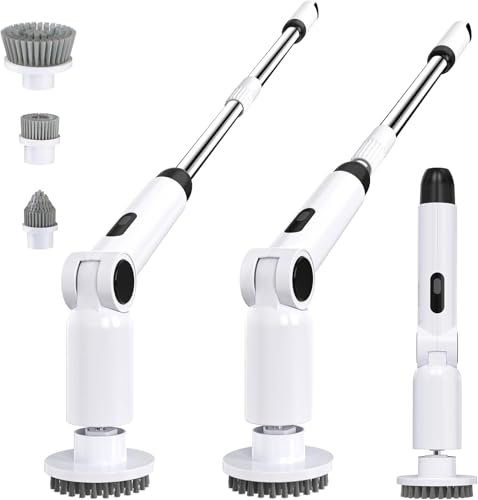 Luctry Brosse Nettoyage Electrique, Brosse Rotative Électrique sans Fil,Brosse Nettoyage Salle de Bain,Manche RéGlable avec Affichage pour Salle de Bain, Baignoire, Toilettes, Cuisine (White)