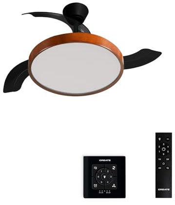 CREATE / WIND CLEAR STUDIO M/Ventilador de techo con luz negro y madera oscura con controlador de pared y mando / 40W, Aspas retráctiles, Ø 108 cm, 3 temperaturas de luz, función verano-invierno