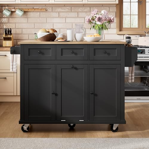 Isla de cocina con ruedas negro, comedor extensible con cubo de basura y cajones, isla móvil para cocina comedor