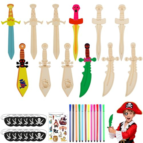 guobinZH 12 Stück Piratenschwerter aus Holz für Kinder zum Dekorieren 22 cm DIY Piraten Schwert Holz mit 12 Stück Farbige Stifte Piraten Augenklappe Tattoo für Jungen Mädchen DIY Dekorieren LARP