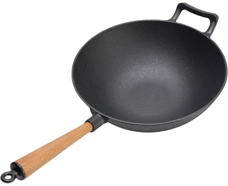 Denash Multifunktionale Wok -Pfanne, Gusseisen -Rührpfanne mit Holzgriff für Gasinduktionskocher Elektrik Keramik Out