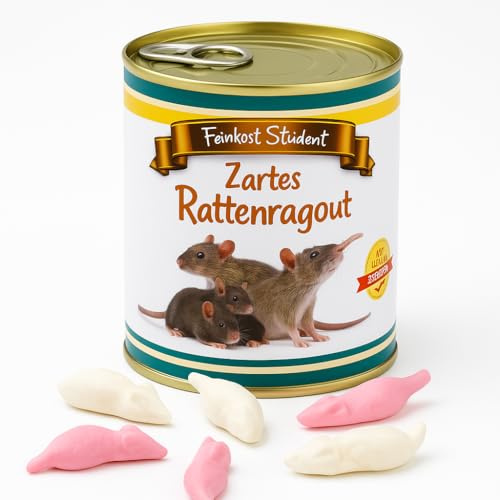 Rattenragout aus der Dose – lustiges Geschenk zu Weihnachten oder Geburtstag für Kinder und Erwachsene – bunte Schaumgummi Mäuse in einer Feinkost Dose – 300g