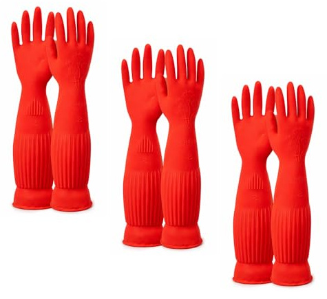 Moon3X® 3 Pairs Household Rubber Gloves with Extra Long Cuffs Red Dishwashing Gloves Non-Slip and Waterproof Cleaning Gloves for Kitchen 38cm