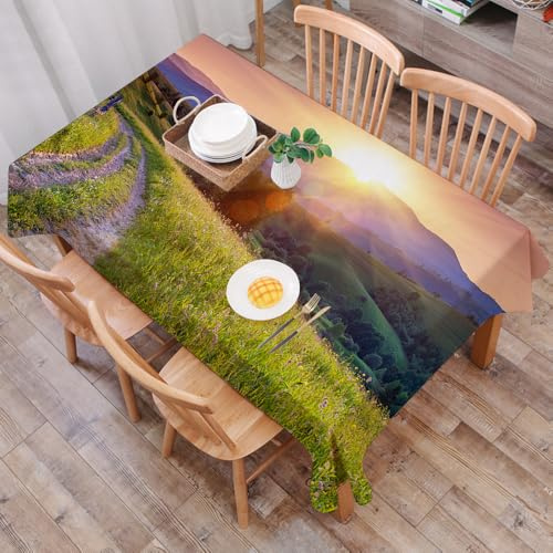 DALEXHM Tischdecke Abwaschbar Rechteckig 137x183 cm Tischtuch Tafeldecke Kratzfest aus Polyester Pflegeleicht für Küche,Party,Natur, Sonnenuntergang in der Berglandschaft, ländliche Straße, Wald, LAN