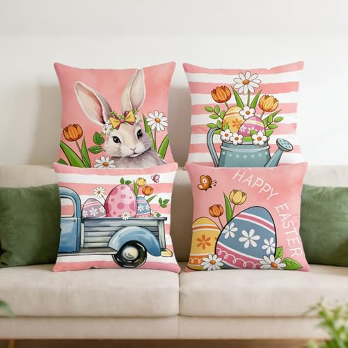 Scinzene 4 Stück Kissenbezug Ostern 45x45 Rosa, Osterdeko Modern für Sofa, Osterkissen Hasen & Blumen Motiv, Weiche Couchkissen als Ostergeschenke für Frauen & Mama (Ohne Füllung)