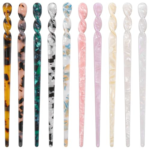 Shimmeroo 10 Pcs Acetate Hair Sticks for Women, 10 Colors Tortoiseshell | Retro Beautiful Chinese Acetate Hair Stick Vintage French Long Hairpin Chopsticks Accessories for Women Girls
