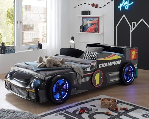 Möbel Akut Autobett Rinum Schwarz Hochglanz 90x200 cm Kinderbett Rennwagen