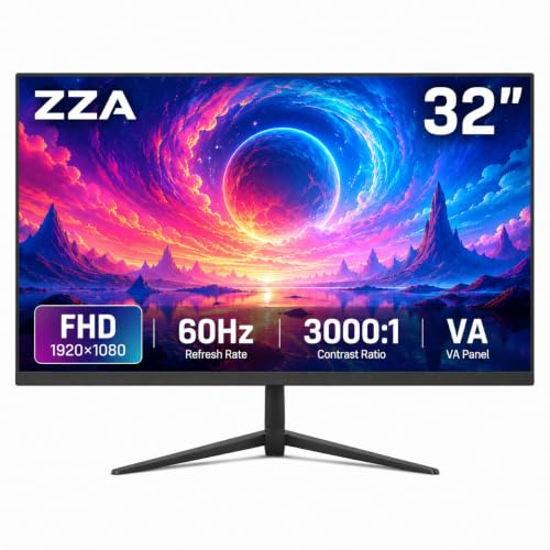 ZZA 32 Inch Computer Monitor, Full HD 1920 x 1080 PC Monitor, IPS Display, Frameless Design, Eye Care Technology, HDMI, Black Office Monitor, Home Office Display