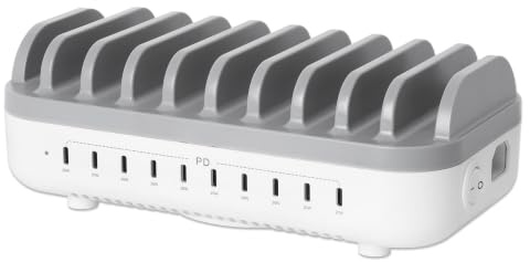 Manhattan 102766 Organizzatore Per Stazioni Di Carica Bianco, Grigio (charging Station 10 Port UsB-C - Output 10x 20w Uk/eu/us Plugs)