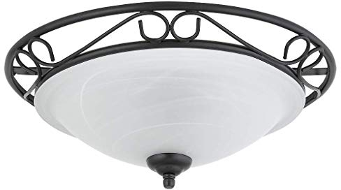 Mediterrane Deckenlampe aus weißem Alabasterglas mit schwarzem Metallgestell in Schmiedeoptik 37 cm Durchmesser