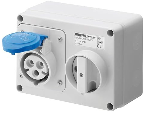 Gewiss GW66004 Horizontal Interlocked Socket Outlet, IP44, 6 Reference, 2P+E Pole, 200V-250V, 16 A, 50 Hz/60 Hz, Blue