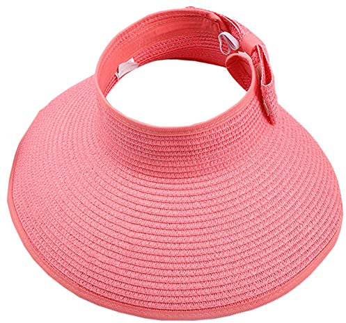 Cappelli da spiaggia da donna, pieghevoli, in paglia, con tesa larga e coda di cavallo, protezione UV e viaggi estivi, SM01, Rosa caldo, Taglia unica