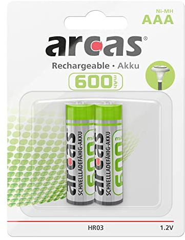 Arcas 17706203 - Akku Ni-MH Batterien AAA / HR03, 2 Stück, Kapazität 600 mAh, wiederaufladbar, schnellladefähig, für elektronische Geräte zur Sicherstellung einer optimalen Energieversorgung