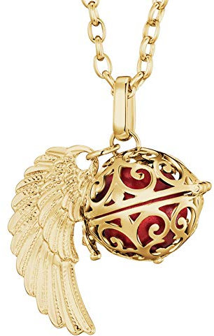Morella Damen Halskette Gold Edelstahl 70 cm mit goldenem Anhänger Engelsflügel und Klangkugel rot Ø 16 mm in Schmuckbeutel