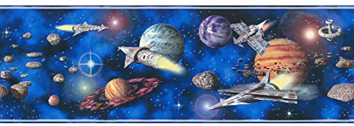 Coole Jungs Tapete mit Weltraum | Blaue Tapetenbordüre selbstklebend für Jungenzimmer | Kinder Bordüre mit Raketen und Planeten