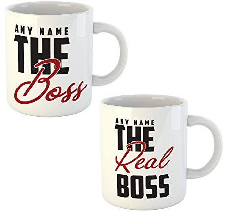 Gift Hub - The Real Boss Personalised Mugs for Wedding Anniversay Gift for Couple- Any Name Cutomised Coffee Tea Mug for Men and Women- Set of 2