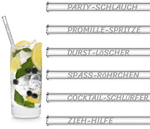 HALM Glasstrohhalme 6 Stück graviert: Lustige Trinksprüche Strohhalm Namen - Strohhalme 20cm - Cocktail Party Geschenkidee - Stabil - Spülmaschinenfest - Made in Germany