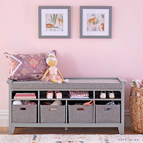 Martha Stewart Kids' Storage Bench Gray: Wooden Toy and Book Organizer with Shelves, Built-in Cushion and Fabric Bins for Playroom and Bedroom